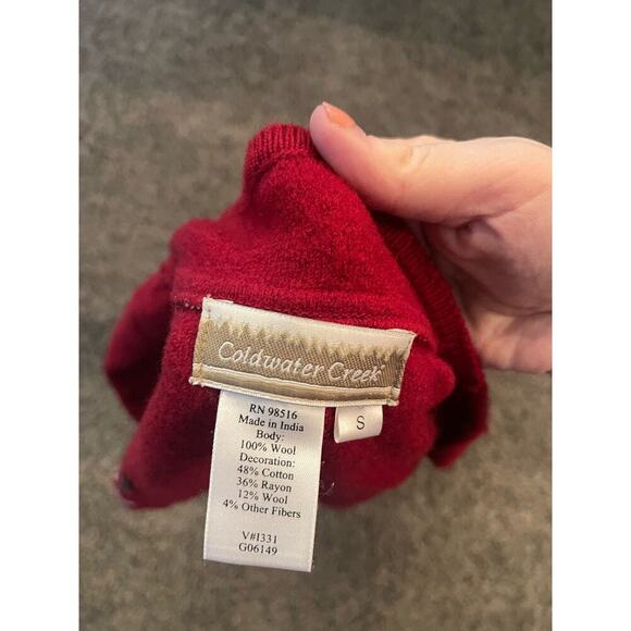 Vintage Coldwater Creek Red Wool Christmas Patchwork Moose Sweater Jacketo - Picture 2 of 8